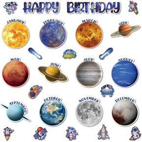 Pasimy Space Birthday Bulletin Board Decorations Set Solar System Themes Classroom Birthday Chart Decor Outer Space Planet Rocket Astronaut Paper Cutouts for Wall Door Classrooms Back School Supplies