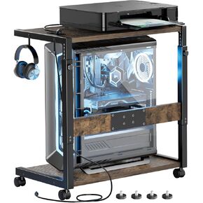 JANE EYRE Computer Tower Stand - Adjustable PC Tower Stand with Charging Station CPU Holder with Wheels for Home Office Gaming, Upgraded Large Size 25.9" to 34.9" Height