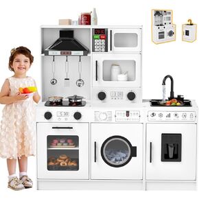 JOYLDIAS Kids Play Kitchen Set, Wooden Free Combination & Movable Pretend Toddler Kitchen Toy w/Real Sound and Light, Running Water, Oven, Washing Machine and Cookware Accessories for Age 3+ Toddlers