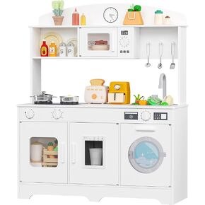 Play Kitchen for Kids, Wooden Kids Kitchen Playset with Storage and Realistic Details, Pretend Play Kitchen Set with Ice Maker, Clicking Knobs, Sink, Washing Machine for Toddlers Ages 3 (Pink)