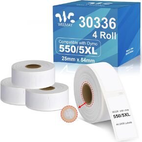 Weemay Compatible for DYMO LabelWriter 5XL 550 550 Turbo, 30336 1" x 2-1/8", for 4XL 450 Wireless 450 Duo 450 Twin Turbo, 25mm x 54mm Label with Chip for Barcodes, 4 Rolls, 2000 Labels