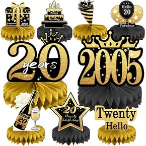 21st Birthday Decorations Set, 2004 Table Toppers for Her Him Birthday Party Supplies, Happy 21 Year Old Table Decoration for Daughter Son, 9Pcs Black & Gold Honeycomb Centerpieces