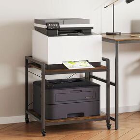 Large Under Desk Printer Stand, 2-Tier Printer Cart with Heavy-Duty Metal Wheels and Adjustable Shelf, 20 Inches Deep, Brown