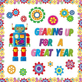 Fulmoon 52 Pcs Gear Bulletin Board Set Classroom Gear Robot Wall Decoration Gearing up for a Year Wall Decor Cutouts for School Classroom Science Themed Back to School Party Wall Decor Supplies