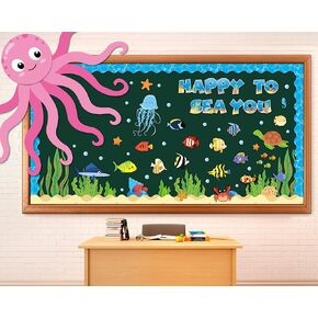 85Pcs Sea Animal Bulletin Board Classroom Decorations Under The Sea Octopus Cutouts for Kids Summer Ocean Fish Classroom Decor Happy to Sea You Bulletin Board Set for Party Decor School Supplies