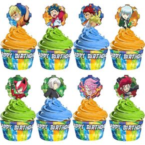 Treasures Gifted Officially Licensed BEYBLADE BURST Party Supplies - (24) BEYBLADE Cupcake Topper and Wrappers - BEYBLADE Birthday Party Supplies - BEYBLADE Party Supplies - BEYBLADE Cake Toppers