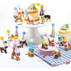 36 Pcs Mini Dog Birthday Party Decorations Mini Birthday Hat with Pom Poms Puppy Figure Model Cake Toppers with Hat for Dog Lovers Animals Themed Party
