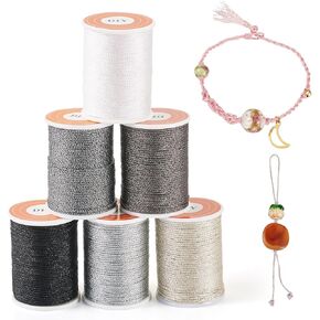 Beadthoven 4 Rolls Metallic Cord Twine 109 Yards Metallic Thread Colored Tinsel String Crafts Cord Tag Cord for Christmas Ornament Hanging Decoration Jewelry Making Thread 0.8mm Gold Black White Gray