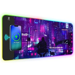 RGB Mouse Pad with 15W Wireless Charging, Purple Anime Neon Extended Large LED Gaming Mouse Pad Non-Slip Rubber Base, 10 Light Modes Desk Pad for Home Office-Warrior Cat