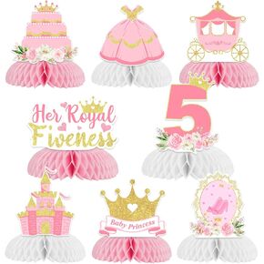 Funmemoir Her Royal Fiveness Birthday Decorations 8PCS Princess 5th Birthday Honeycomb Centerpieces Castle Crown Carriage Table Decorations for Girls Princess 5 Year Old Party Decor