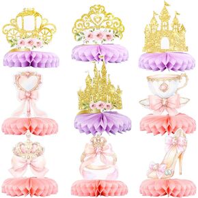 Gyufise 9 Pack Floral Princess Honeycomb Centerpieces Pink and Gold Castle Crown Carriage Party Table Decorations for Princess Theme Party Decorations Supplies