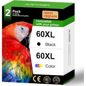 60XL Ink Cartridges Combo Pack Replacement for HP 60 60 XL High Yield Work for PhotoSmart C4780 C4680 C4795 C4640 Deskjet F4480 F4440 F2430 Envy 110 120 111 114 (1 Black, 1 Tri-Color)