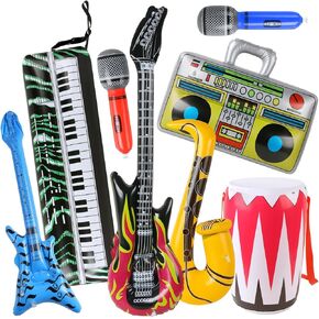 8 Pack Inflatable Rock Star Toy Set,Blow Up Boom Box Drum Guitar Bass Musical Instrument Party Props for 80s 90s Party Decorations, Christmas Birthday Carnival Rock and Roll Party Favors Supplies