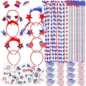 WODMAZ 106 Pcs Patriotic Party Favors, Fourth of July Accessories of Headbands Star Bead Necklaces Glasses Tattoo Stickers for 4th of July Independence Day Memorial Day