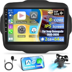 8-Core Android 13 Stereo for Jeep Renegade 2015 2016 2017 2018 2019 2020 with DSP+32EQ - 2+64G 9 inch IPS 1280 * 720 Touchscreen Upgrade Radio - Wireless Carplay/Android Auto/WiFi + AHD Backup Camera