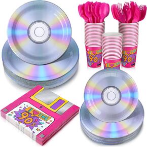 Yungyan 252 Pcs Retro 90s Plates and Napkins Set I Love the 90's Party Decorations Disposable Back to the 1990s Paper Napkins Plates Cups Knives Spoons Forks Hip Hop 1990s Dinnerware Serves 36 Guests