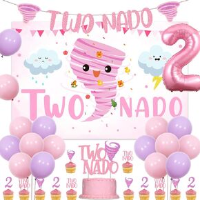 Two Nado Birthday Party Decorations for Girls, Tornado 2nd Birthday Party Decor with Two Nado Backdrop Banner Cake Topper, Number 2 Balloon, Baby Girl 2 Year Old Birthday Supplies