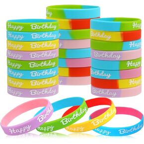 CCINEE 24 PCS Happy Birthday Silicone Bracelets, Colored Silica Rubber Stretch Wristbands for Kids Teenagers Birthday Party Supplies,4 Styles