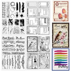 GLOBLELAND 4 Sheets Vintage Postcard Background Clear Stamp for Card Making Plan Frame Label Silicone Clear Stamp Seals Stain Background Transparent Stamps for DIY Scrapbooking Journals