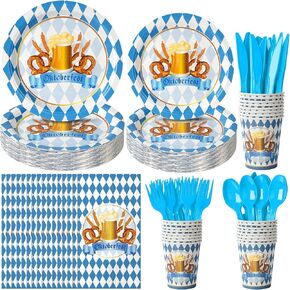 Oktoberfest Party Plates and Napkins Set, Bavarian Oktoberfest Party Supplies Decorations, Disposable Blue and White Flag Check Paper Plates Napkins Cups for German Oktoberfest Beer Festival Party
