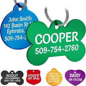 GoTags Dog Tags, Personalized Engraved Dog and Cat ID Tags for Pets, Custom Engraved on Both Sides, Various Shapes Including Bone, Round, Heart, Bow Tie, Star, and Badge (Bone, Small - Pack of 1)