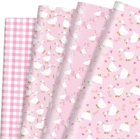 Pineraap 12 Sheets Goose Wrapping Paper, Farm Animal Gift Wrap Paper Cute Goose Gift Packing Paper Folded Flat for Birthday Party Baby Shower DIY Crafts, 19.7 x 27.6 Inch, Pink