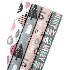 WRAPAHOLIC 30 Inch Christmas Wrapping Paper Roll - Jumbo Roll Rustic Kraft Pink and Grey Christmas Set for Holiday, Party Deco - 4 Rolls - 30 Inch x 120 Inch Per Roll