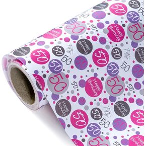 WRAPAHOLIC 50th Birthday Wrapping Paper - Mini Roll - 17 Inch X 33 Feet - Pink 50th Birthday Design for Birthday, Party, Holiday
