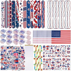 150 Pcs 4th of July Accessories Slap Bracelets Bulk Shutter Shades Glasses Stamps Stickers USA Flags for Independence Day Decor Parades Musical Blow Outs