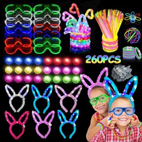 260PCS Glow Party Supplies, 14PCS LED Glasses, 24PCS Finger Rings, 6PCS Bunny Ear Headband, 6PCS Pop Tubes, 100PCS Glow Sticks, 110pcs Connector, Light Up Neon Party Favors, Wedding Concert Birthday