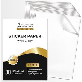 Supplies Masters, 30 Glossy Sticker Sheets 8.5 x 11", Printable Glossy High Resolution Paper for inkjet printer (DYES or PIGMENTS), Papel Adhesivo Brillante Waterproof para Stickers and Labels.
