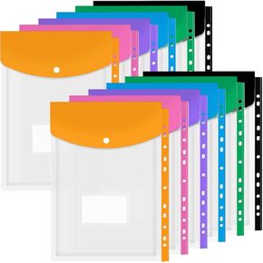 12 Pack Binder Pockets for 2/3/4 Ring, A4 Document Pouch with Snap Button and Label, Binder Pocket Organizer Folders, Expandable Plastic Envelopes for Office Home, 6 Colors