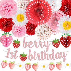 Berry First Birthday Decor 24 Pcs Strawberry 1st Birthday Decorations for Girls with Banners Tissue Paper Pom Poms Honeycom Balls Glitter Banner Hanging Swirl Baby Girl Sweet One Party Supplies