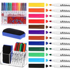 3 Piece Magnetic Dry Erase Marker Holder for Whiteboard,12 Colors Dry Erase Markers and Magnetic Eraser Kit,Acrylic Magnet Pen Holder for Fridge Refrigerator,Pencil Cup for Desk,Marker Organizer
