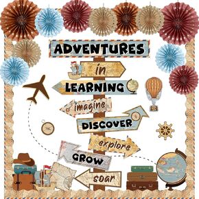 119Pcs Travel The Map Bulletin Board Kit 3D Classroom Decoration Honeycomb Paper Fans Let The Adventure Begin Cutouts with Tissue Paper Set Let's Explore Voyage Vintage School Chalkboard Wall Supplies
