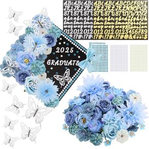 69 Pcs Graduation Cap Decorations Kits, Grad Cap Topper Decorations Included Faux Flowers 3D Butterfly Bow Rhinestones Alphabet Letter Stickers for Graduation Cap Topper DIY Craft Art Decor (Blue)