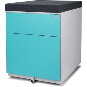 Aurora FC-S102BL Fully Assembled Modern Soho Design 2-Drawer Metal Mobile File Cabinet with Seat Cushion, White/Aqua Blue/Gray (seat Cushion)
