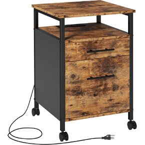 IRONCK File Cabinet, Mobile Office Cabinet on Charging Station and Wheels, Printer Stand with 2 Drawers, for A4, Letter Size, Hanging File Folders, for Home Office, Vintage Brown