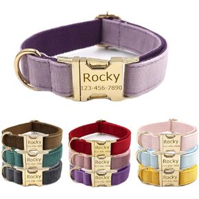 Personalized Velvet Dog Collars with Pet Name Phone Number Engraved, Custom Adjustable Soft Collar with Metal Buckle for Small Medium Large Dogs, Dog Leash and Bow Tie Available -Pink