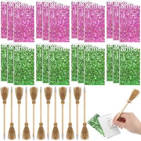 24 Pcs Pink Green Mini Glitter Notepads Set - Princess Witch Party Favors Glitter Cover Spiral Notepads with Witch Broom Pencils for Birthday Gift Party Office Supplies
