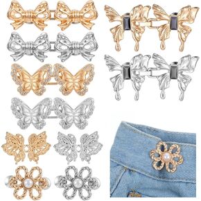 10 Sets Jean Waist Tightener, 5 Styles Jean Buttons Pant Waist Tightener for Loose Jeans Adjustable Butterfly Buckles Sets No Sew Decorative Brooch Pins Clips for Women Clothing Dresses (Gold, Silver)