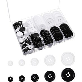 160 Pack Premium Mixed Resin Sewing Buttons, 4-Hole Craft Buttons 5 Sizes White and Black with Compartment Storage Box for Crafts Coats Shirts Pants Shorts and More