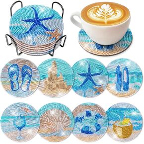 8 PCS Beach Diamond Art Painting Coasters Kits ، Diy Diamond Dots Coasters مع حامل للمشروبات القهوة ، والمبتدئين البالغين في المشاريع الصيفية.