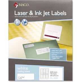 MACO ML3000 White Laser/Inkjet Shipping & Address Labels, 1 x 2 5/8, 3000/Box
