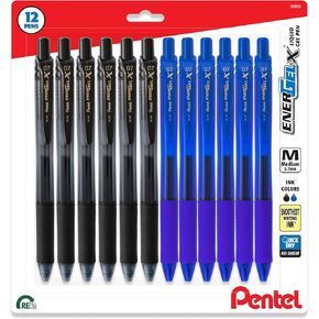 Pentel EnerGel X Retractable Liquid Gel Pen, 0.7mm, Ultra Performance, 12 Pack - 6 Black Ink and 6 Blue Ink Pens