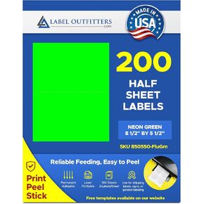 200 Label Outfitters® Half Sheet Fluorescent Neon Green Labels, 8-1/2 x 5-1/2 inches for Laser Printers Only