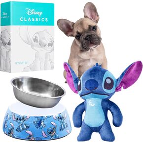 Disney Dog Bowl and Dog Toy Set, Squeaky Soft Toy & Non Slip Food Bowl - Dog Gifts (Blue)