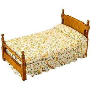 EatingBiting（R） 1:12 Doll Vintage Flower Print Bed, Dollhouse Miniature Furniture Wooden Single Bed Traditional Flower Bed, DIY Scene Doll Home Furniture Craft Accessoreis
