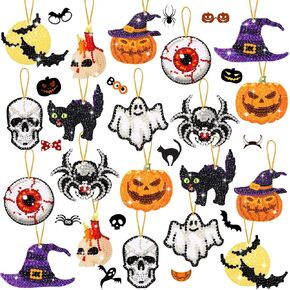 Jetec 20 Pcs Halloween Diamond Painting Tags 5d DIY Diamond Painting Kit Skull Ghost Pumpkin Bat Tags Hanging Ornaments for DIY Craft Halloween Party Decoration