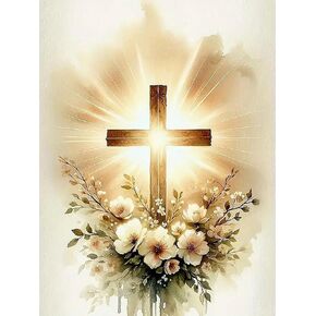 SJDIYSTORE Cross and Flower Diamond Art Kits for Adults,5D Full Round Drill Cross Diamond Painting Kits for Beginner Floral,DIY Gem Art and Crafts Paint by Diamonds Faith,Home Wall Decor 12X16Inch